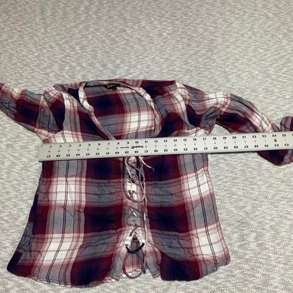 Express Red multicolor plaid lace up blouse tie closure front women XS. SKU-B952